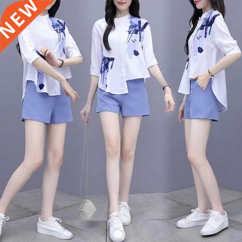 Summer Fashion Women Clothes Set Half Sleeve Print Irregular