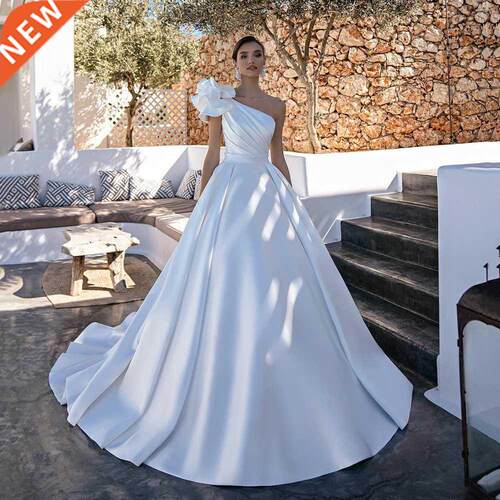 Elegant A-Line One Shoulder Stain Wedding Dress 2022 Beading