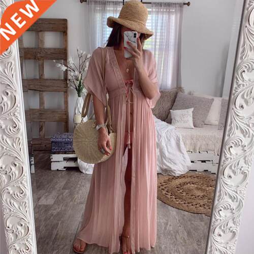2022 Summer Solid Lace Beach Cover Up Long Cardigan Lace Up