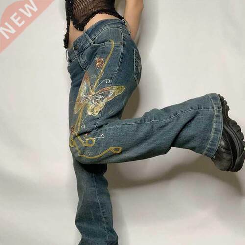Retro Butterfly Print Y2K Denim Jeans Low Waisted Grunge Vin