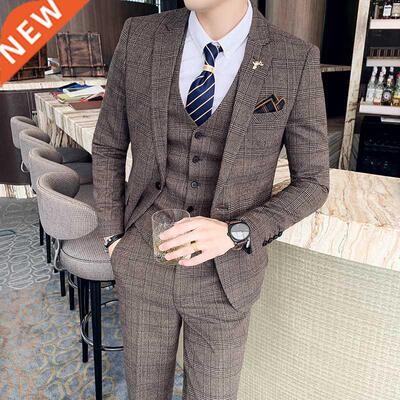 ( Jacket + Vest + Pants ) Boutique Fashion Mens Plaid Casual