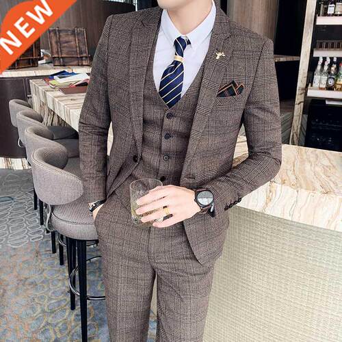 ( Jacket + Vest + Pants ) Boutique Fashion Mens Plaid Casual