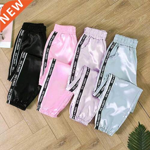 Summer Big Pocket Satin Pants Women Glossy Sport Ribbon Tr