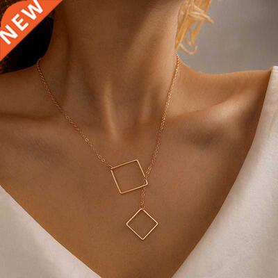 HuaTang Simple Design Hollow Square Pendant Necklace for Wom