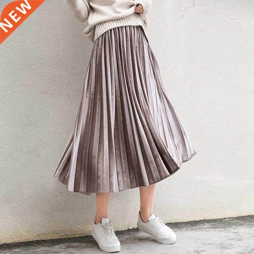 Spring 2022 Women Long Metallic Silver Maxi Pleated Skirt Mi