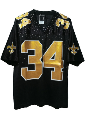 美式街头运动短袖T恤黑色金色数字34复古撞色个性休闲球衣男女tee