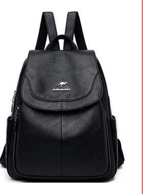 气质通勤风双肩包女黑色翻盖大容量百搭背包日常旅游包真皮牛皮