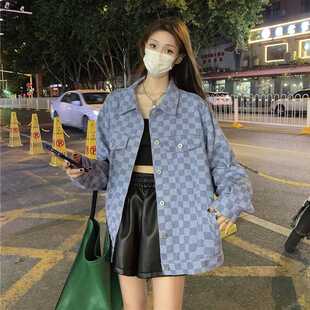 牛仔格子外套男女同款春秋宽松韩版高级感上衣开衫棒球服情侣外套