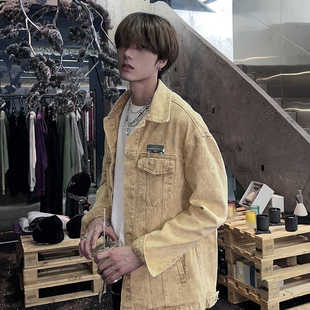 Goiog新款潮牌咖色水洗刺绣牛仔外套男女宽松潮流情侣夹克上衣ins