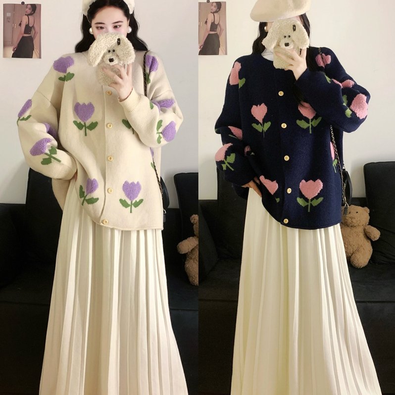 实拍大码女秋冬慵懒宽松毛衣花朵外套+百褶针织加厚半身裙两件套