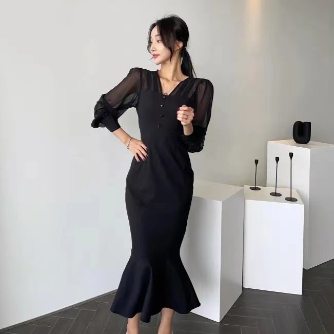 韩版 INS 透视网纱袖拼接收腰鱼尾美人鱼连衣裙