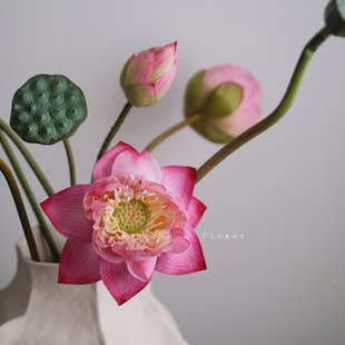 粉色荷花莲花仿真花高级感逼真莲蓬客厅摆件花艺插花摆设家居装 饰