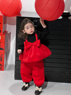 Galakoko女童拜年红色过年喜庆大蝴蝶结套装加棉裤子两件套圣诞装