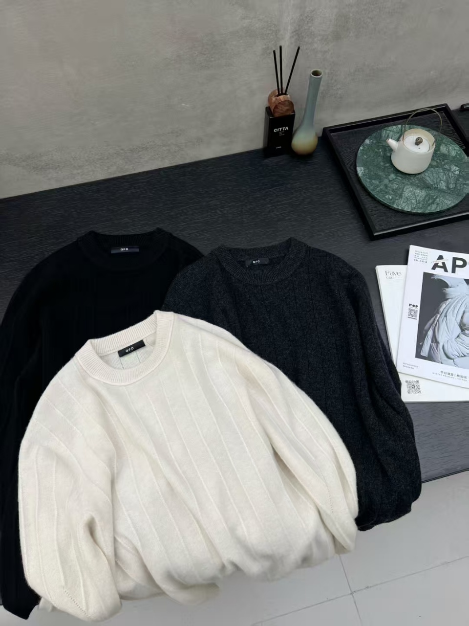 QFO5986男士冬季新款毛衣针织衫羊毛衫圆领宽松纯色打底痞帅日式