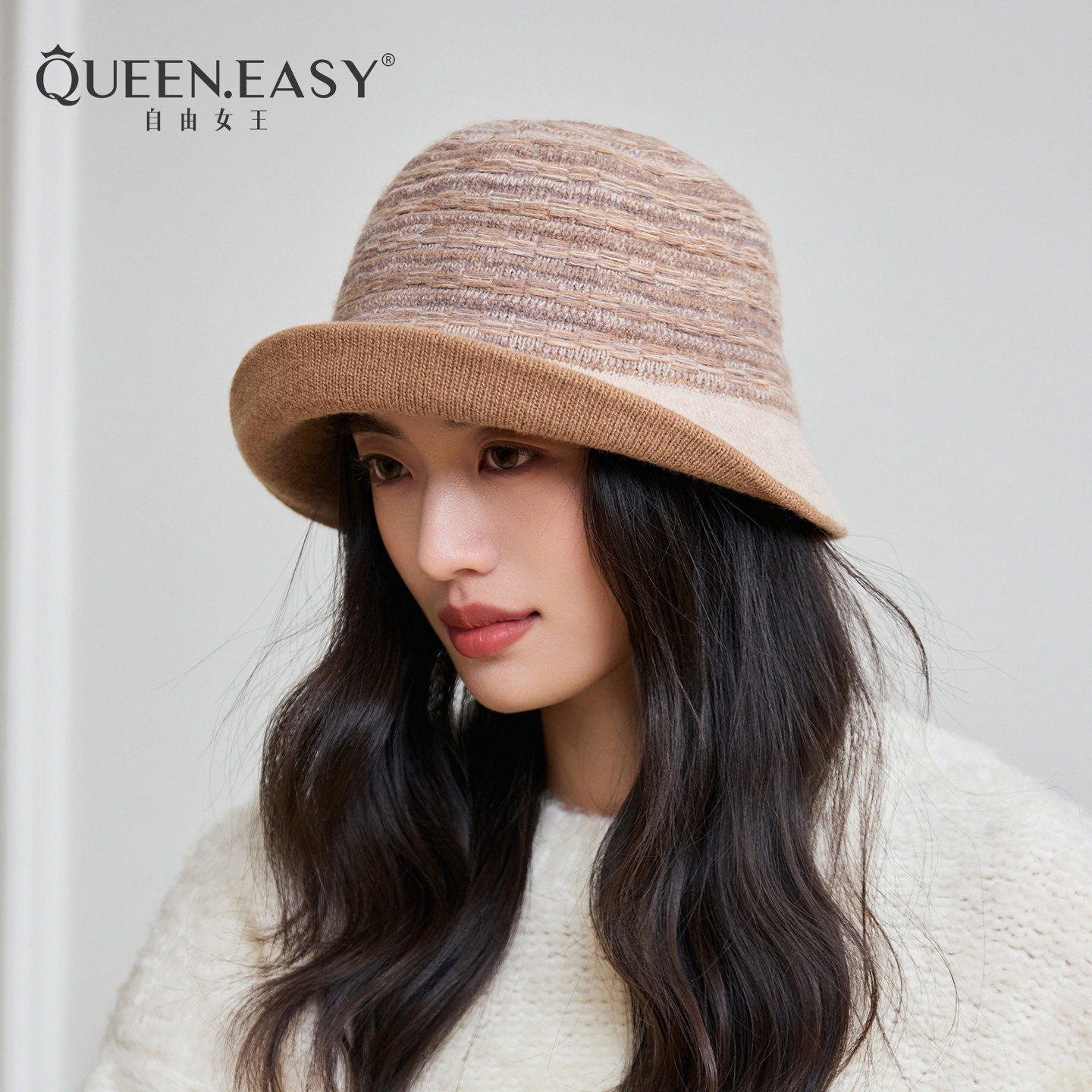 纯羊毛针织卷边盆帽渔夫帽子女新款毛线帽秋冬季保暖护耳小礼帽