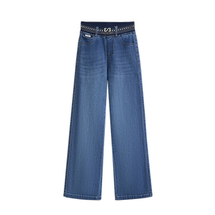 松紧高腰阔腿牛仔裤女春秋2025新款宽松弹力显瘦冬季加绒直筒长裤