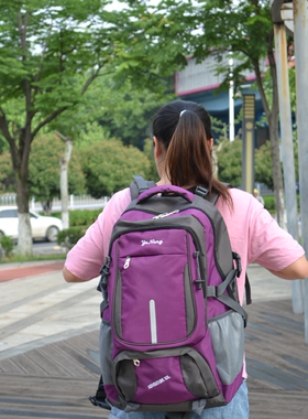 时尚紫色防水牛津双肩包50L休闲背包男女登山包背包旅行背包