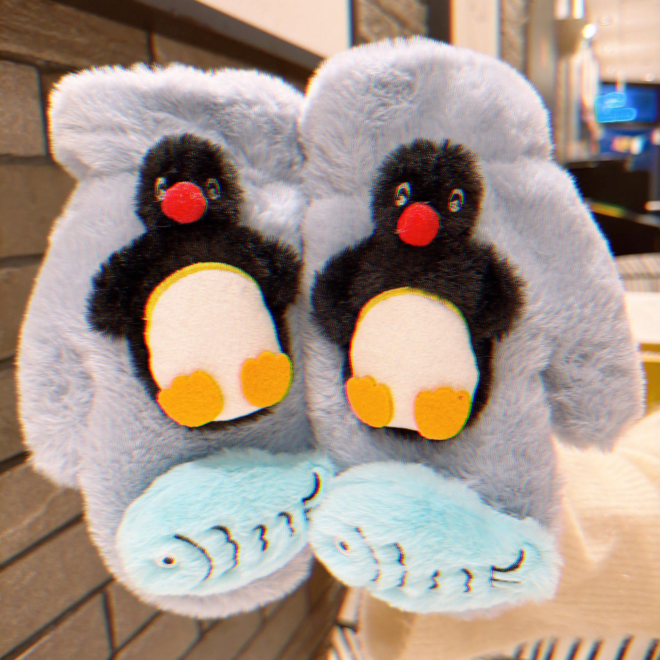 可爱pingu企鹅手套ins挂脖加绒秋冬保暖毛绒精致学生骑车手套女冬