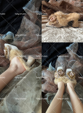 TeNg原创干枯玫瑰手工绝美毛毛拖鞋女外穿秋冬粗跟高级半拖高跟鞋