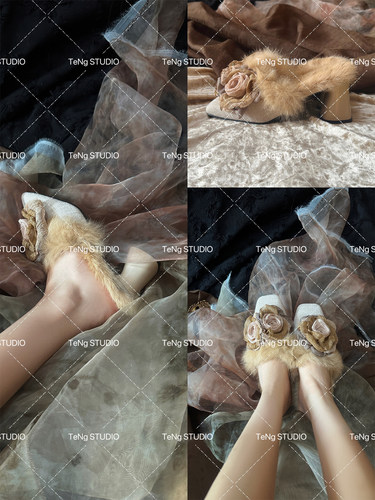 玫瑰半拖毛毛鞋高跟小个子拖鞋