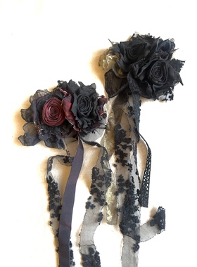 TeNg原创暗黑哥特lolita大花朵双花胸针/发夹 烧毁感手作干枯玫瑰