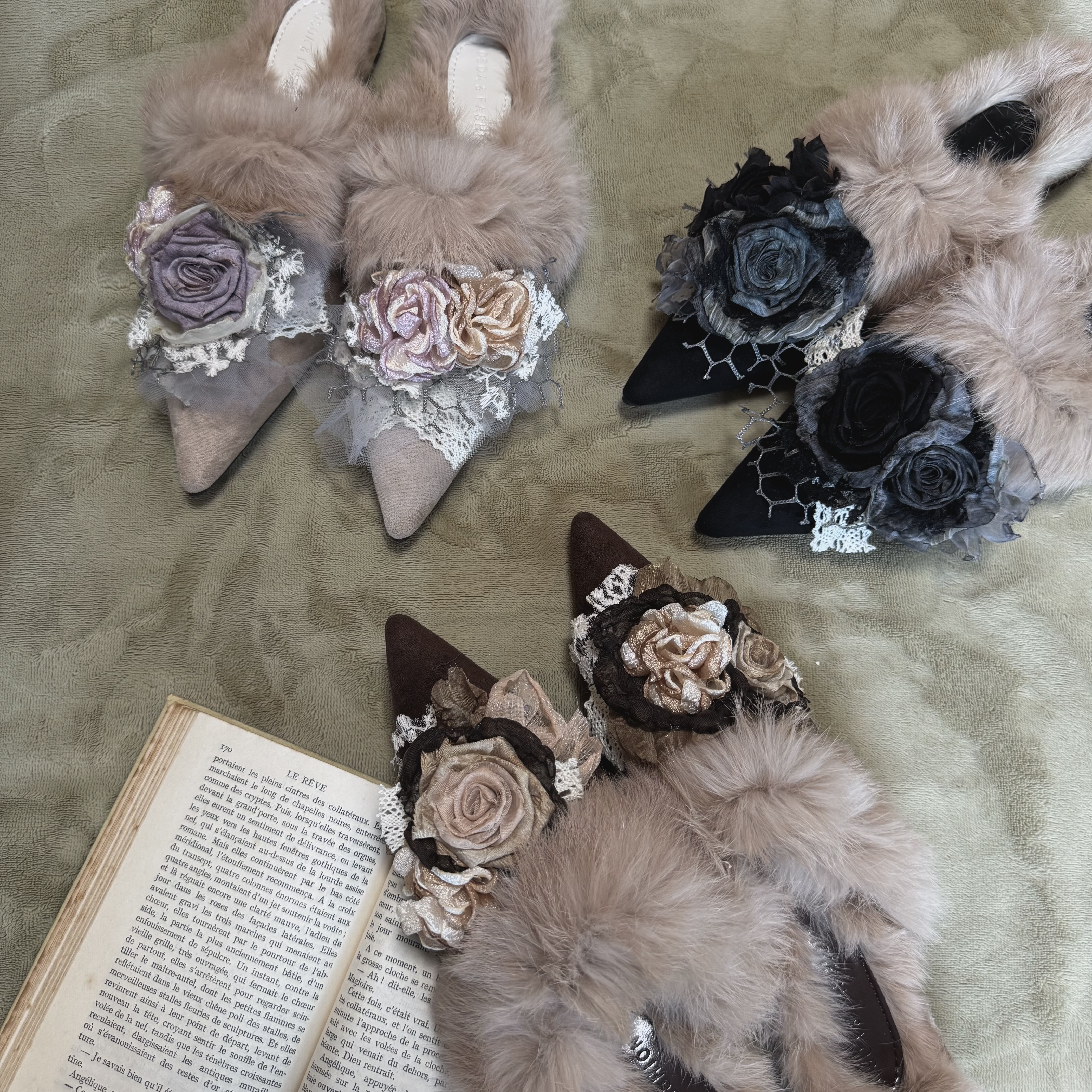 原创手作玫瑰外穿一脚蹬毛毛鞋