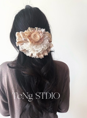 TeNg原创手作“橘络栀子”大裙摆半扎发蝴蝶结形蕾丝法式发夹发卡