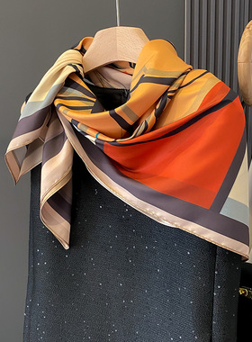 高端橙色花卉双面围巾披肩女90大方巾丝巾春夏旅游防晒头巾沙滩巾