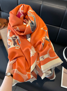 重磅橙色骑士骏马披肩围巾女冬季百搭长款加厚多功能双面保暖围脖
