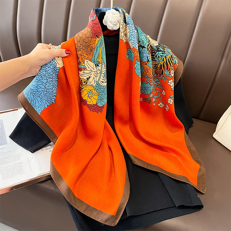 复古骏马橙色棉麻90大方巾围巾