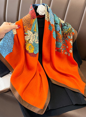 复古骏马橙色时尚百搭棉麻围巾女90方巾日常搭配领巾披肩两用纱巾