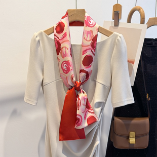 高级感红色扎染小长条丝巾女春秋季百搭双面装饰领巾绑包飘带发带