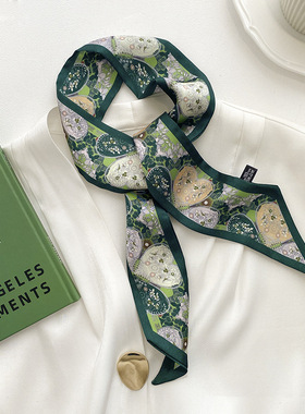 森系复古绿色小丝巾女春夏季细窄飘带发带扎发绑包装饰长条小领巾