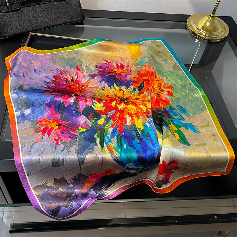 复古紫色油画真丝小方巾丝巾