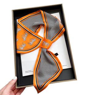 显白橙色长条小丝巾女春夏款交叉带扣懒人围巾装饰职业领巾搭T恤