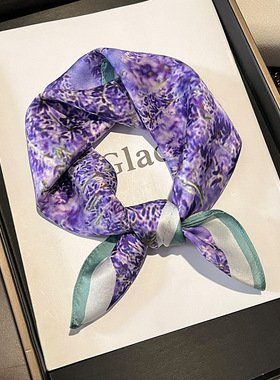 原创浪漫紫色薰衣草丝巾小方巾女百搭春秋桑蚕丝围巾送礼妈妈领巾