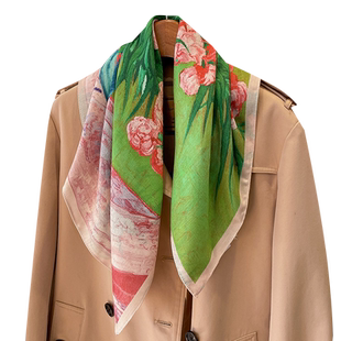 春夏油画绿色瓶中花棉麻围巾小方巾丝巾法式复古发带飘带装饰领巾