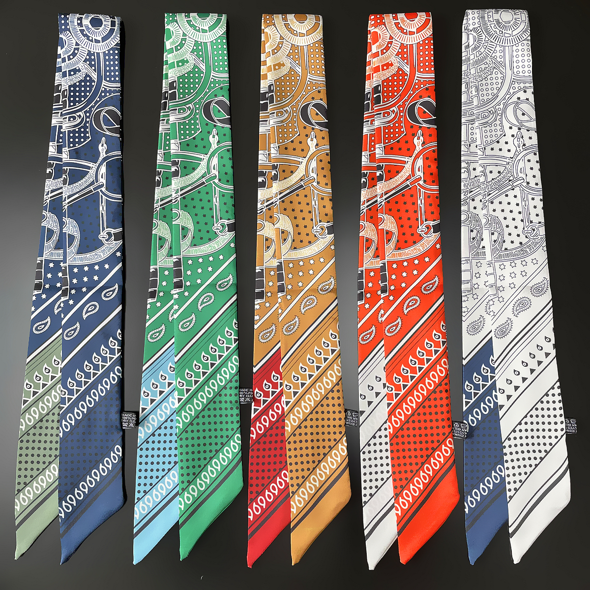 复古腰果花斜纹绸小丝巾女百搭细窄长条绑包包手柄丝带双层小领巾