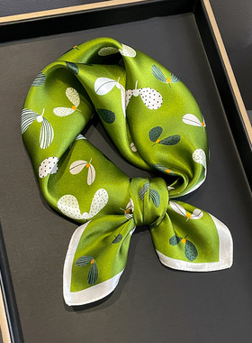 春夏显白绿色叶子真丝小方巾女杭州桑蚕丝薄围巾送礼妈妈装饰领巾