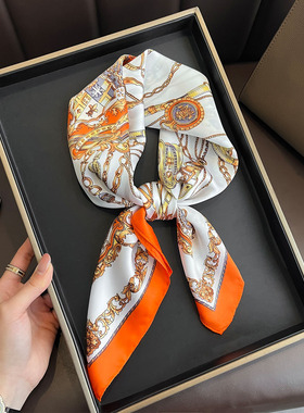 橙色丝巾女春夏新品小方巾发带高级百搭薄款围巾装饰职业护颈领巾