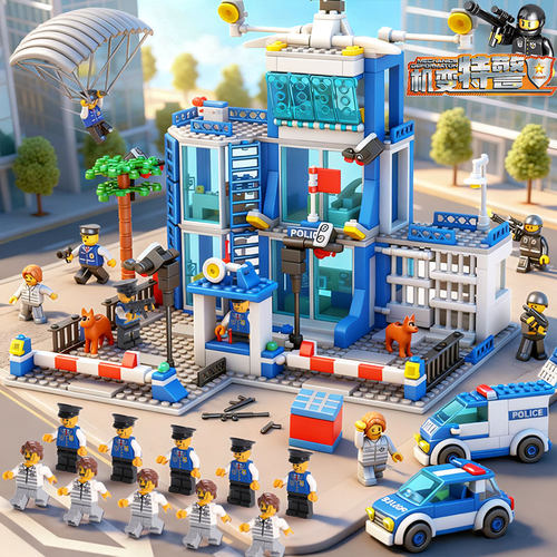 儿童积木城市警察总局益智拼装