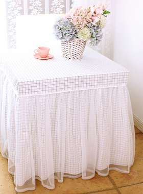 白色格子纯棉方桌麻将机床头柜电炉烤火炉长方形桌布茶几洗衣机罩