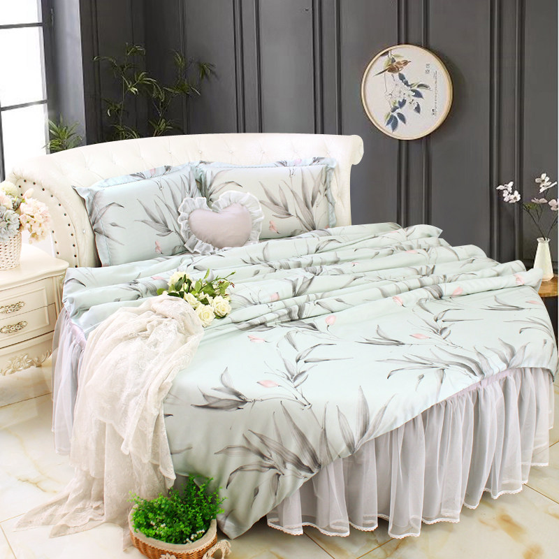 60兰精天丝莱赛尔纤维凉感圆床四件套淡青色竹子中国风清爽圆床品