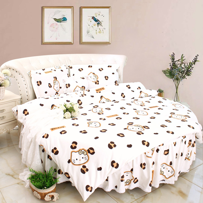 白色豹纹猫咪野性小奶猫公主主题房纯棉全棉圆床四件套圆床罩床裙