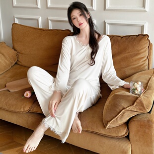 睡衣V领家居服套装 长裤 睡衣女蕾丝莫代尔舒适柔软亲肤长袖 春秋季