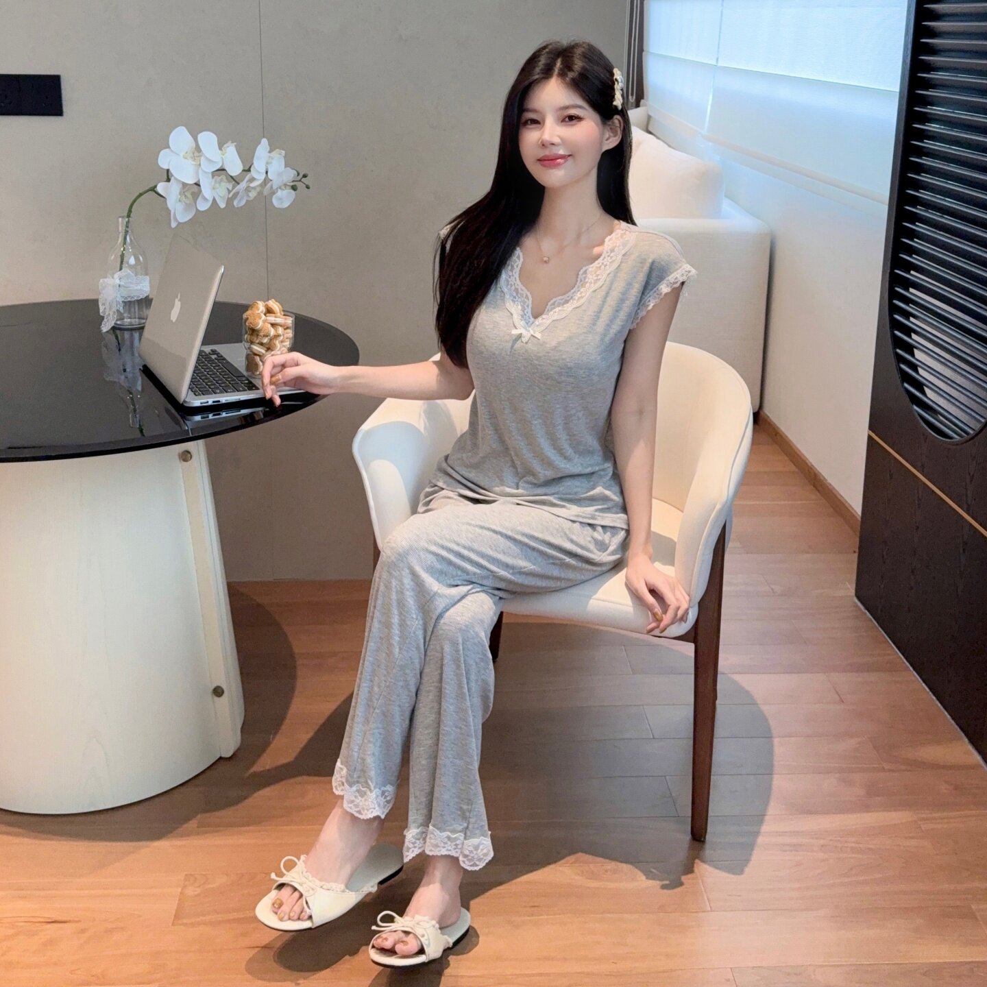 凉感莫代尔女夏蕾丝胸垫睡衣套装