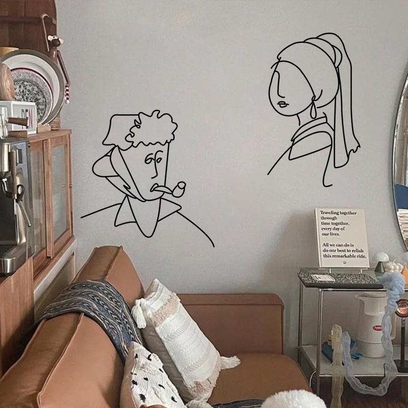 抽象线稿画风平面装饰少女墙贴珍珠人物梵高手绘与名画玻璃橱窗图片