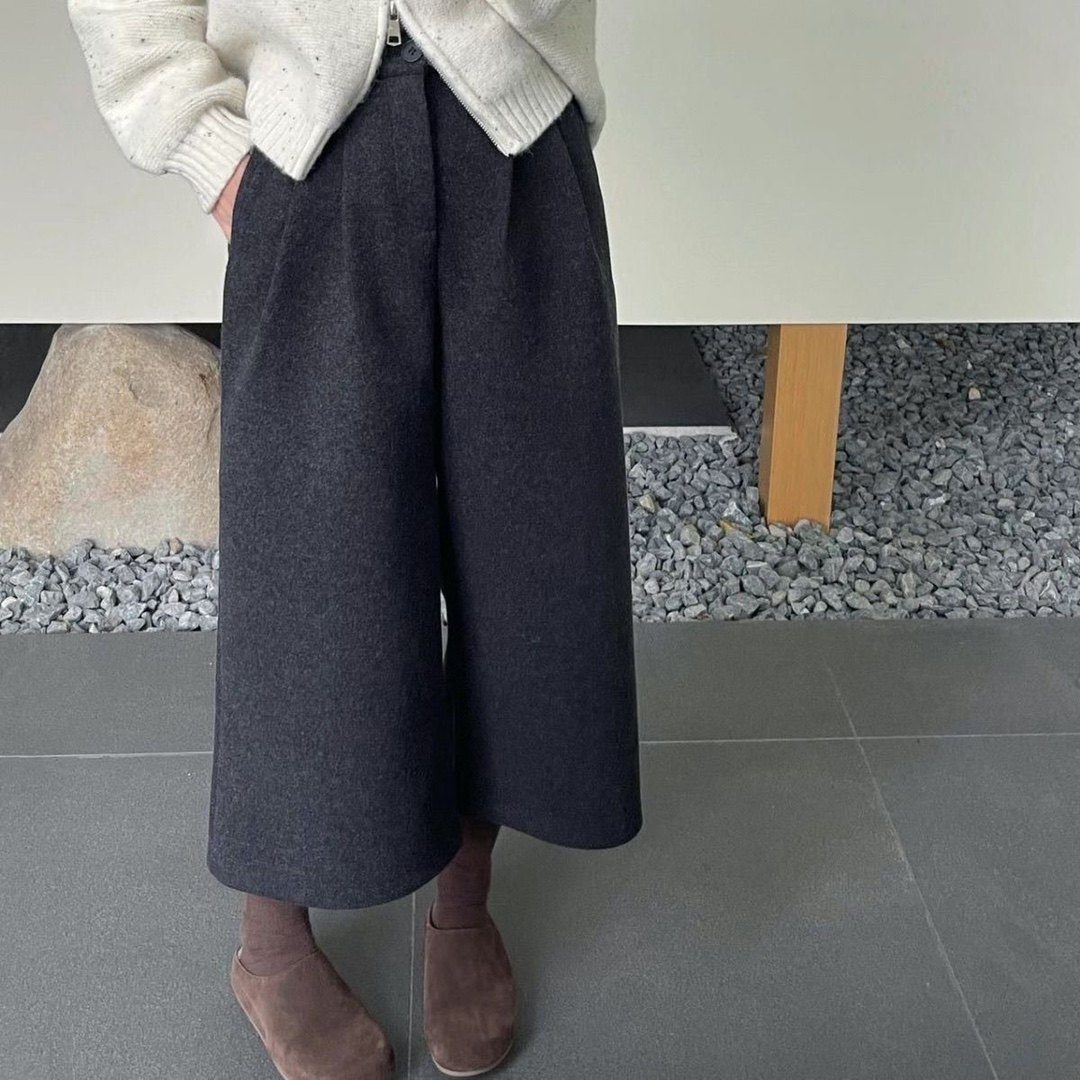 爆款秋冬毛呢八分阔腿裤女高腰宽松显瘦加厚休闲裤叠穿直筒裤子