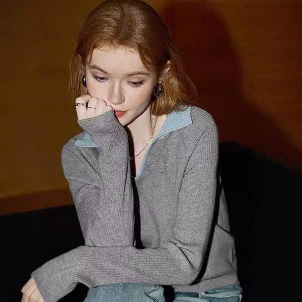 库恩家长袖针织衫女装2026年春季新款气质通勤V领上衣