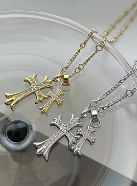 双十字架毛衣链情侣男女潮金色痞帅高街高级感吊坠钛钢小众嘻哈